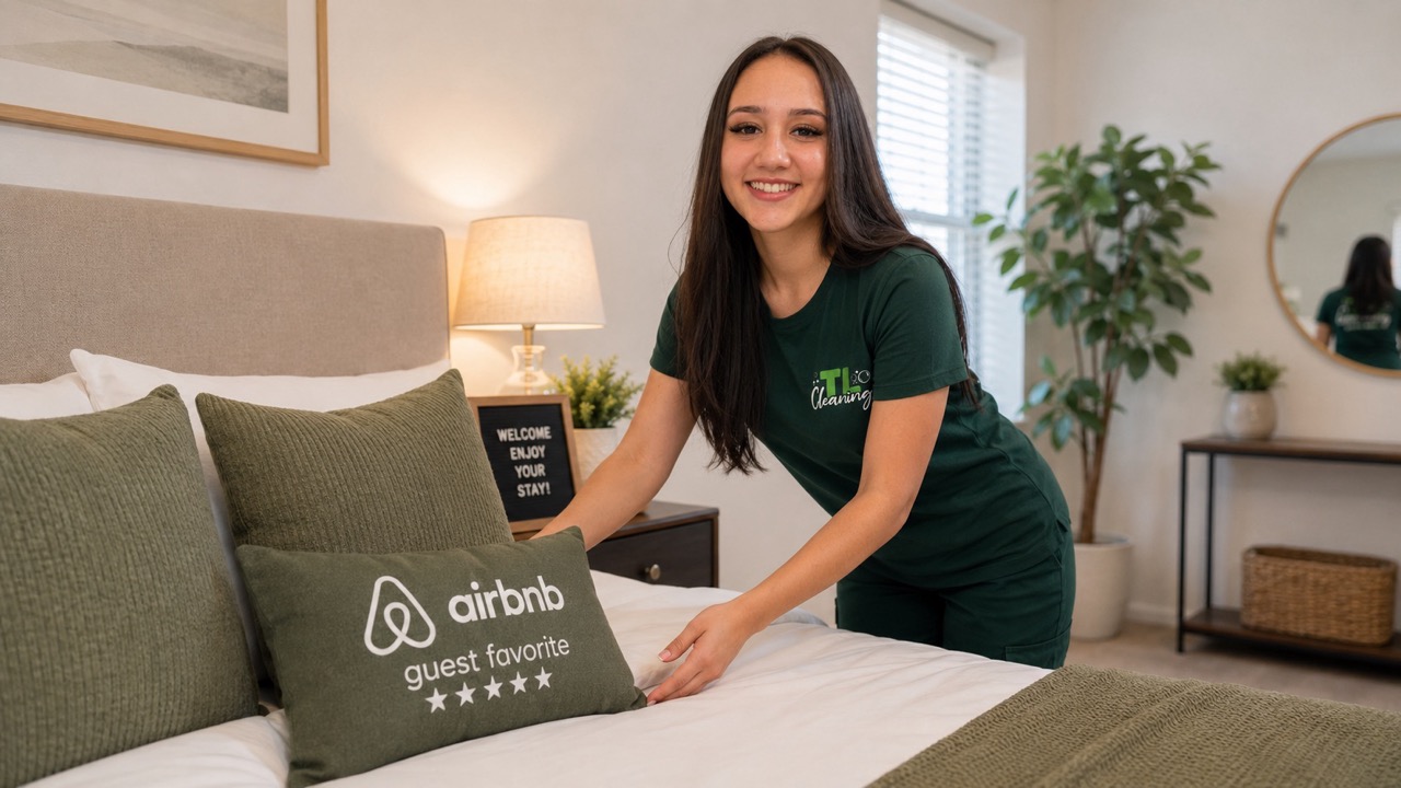 A guest-ready Airbnb room with fresh linens and clean surfaces